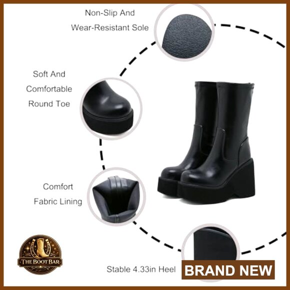 Leather Platform Wedge Heel Mid-Calf Combat Boots Non-Slip - Picture 4 of 7